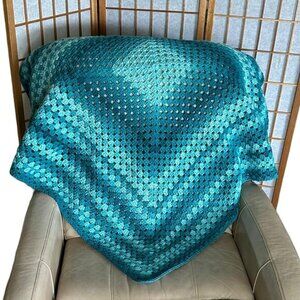 Handmade‎ Crochet Teal Blue Green Throw Blanket